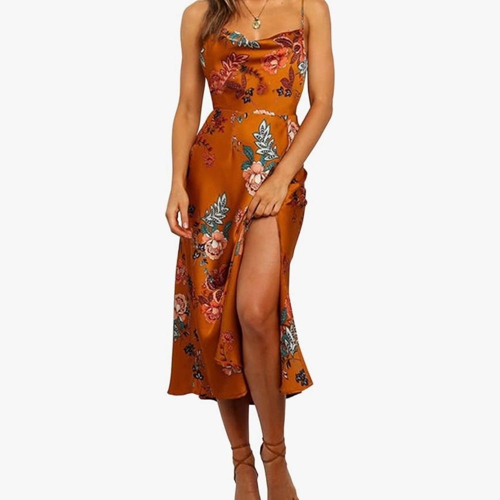 Orange Slit Midi Sundress for Wedding Guest